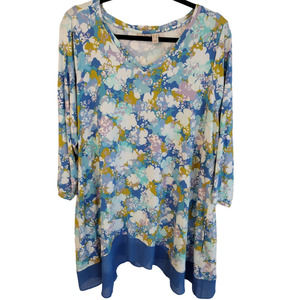 LOGO by Lori Goldstein | Blue Floral V-Neck Jersey-Knit 3/4 Sleeve Tunic Top